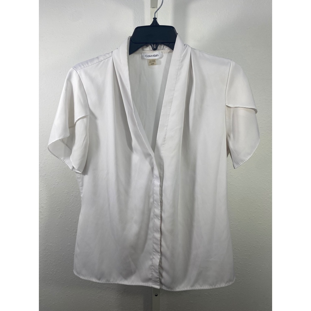 Calvin Klein Womens White Shawl Collar Tulip Sleeve Button Front Blouse Medium